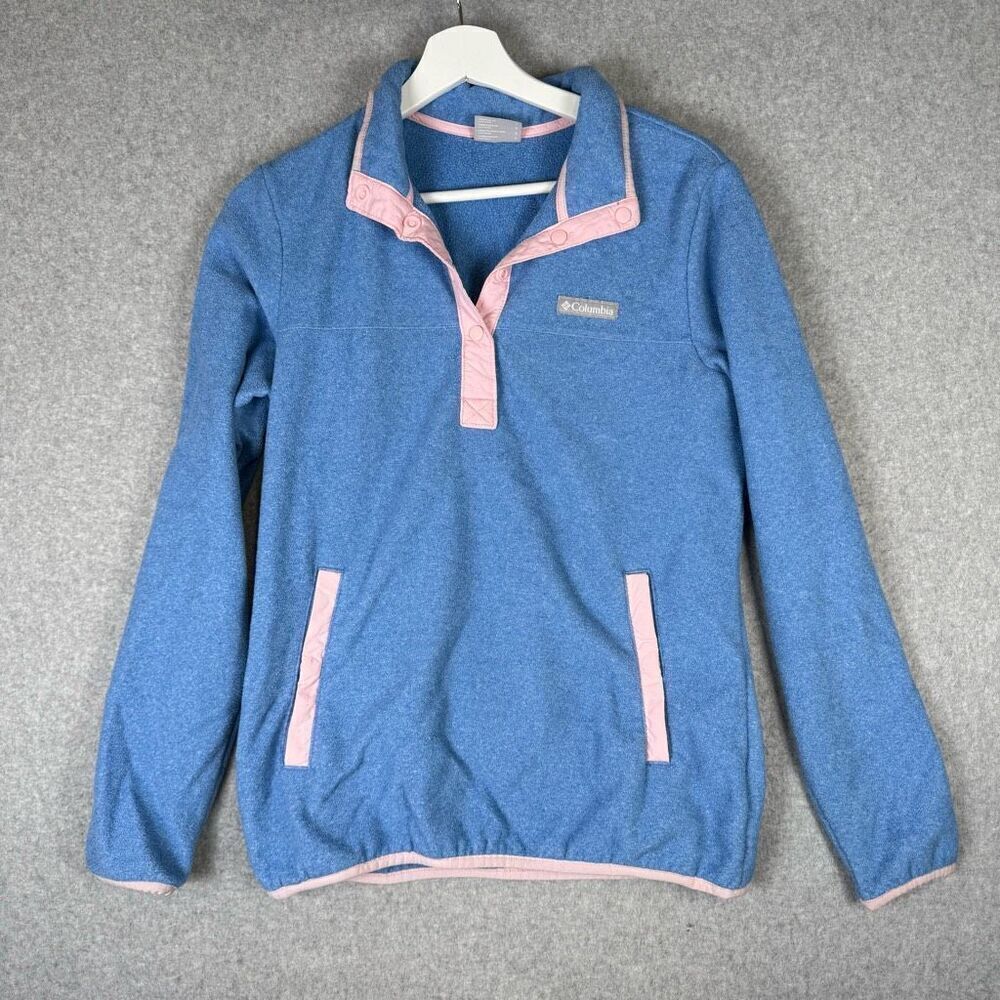 Columbia Womens Size Small Quarter Snap Fleece Sweatshirt Blue Pink Pockets